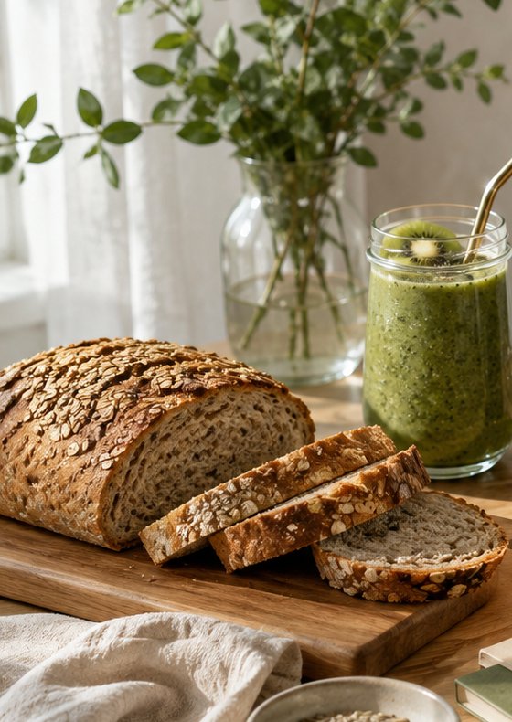 Mesa com pão integral, smoothie verde e bowl de aveia